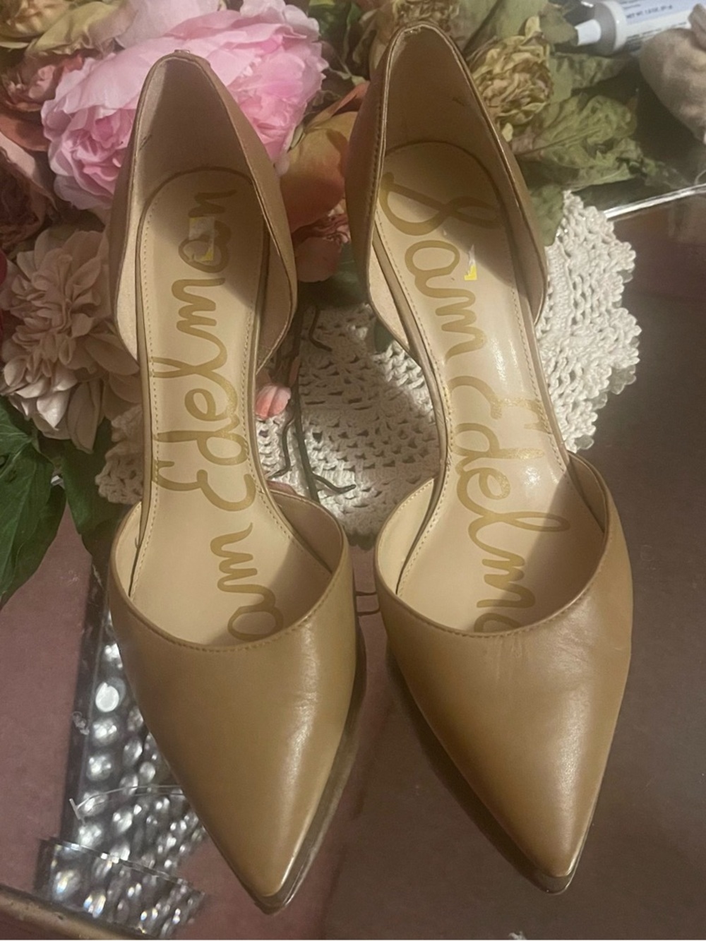 Sam Edelman Tan Leather Pointed-Toe D'Orsay Heels